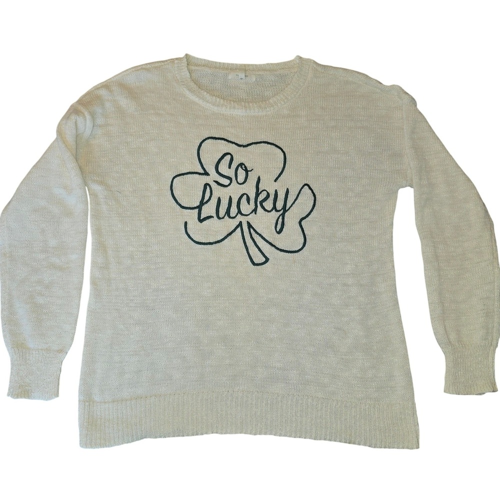 Maurices SO LUCKY 3 leaf clover cream & green sweater size Medium